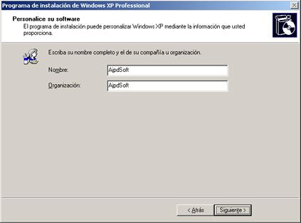 Nombre completo y nombre de la compañía - Instalación de Windows XP SP3