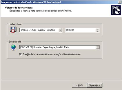 Zona horaria, hora, fecha - Instalación de Windows XP SP3