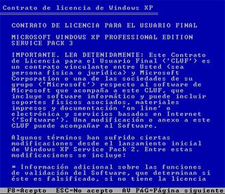 Contrato de licencia para el usuario final - Instalación de Windows XP SP3