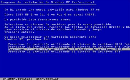 Ventana de formateo de partición - Instalación de Windows XP SP3