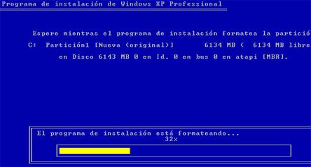 Progreso de formateo de la partición - Instalación de Windows XP SP3