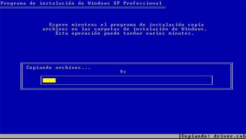 Progreso copia de ficheros - Instalación de Windows XP SP3