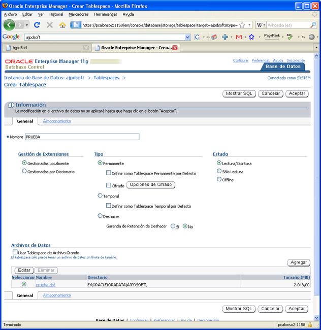 Instalación de Oracle Database 11g Standard Edition en Windows XP Profesional - Crear tablespace