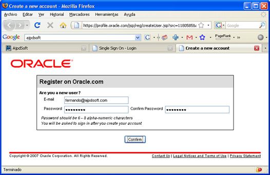 Instalación de Oracle Database 11g Standard Edition en Windows XP Profesional - Registro de usuario Web Oracle