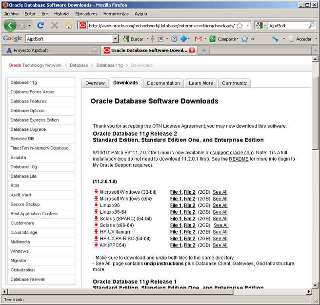 Descarga y descompresión de Oracle Database 11g Release 2 Enterprise Edition 64bits para Microsoft Windows