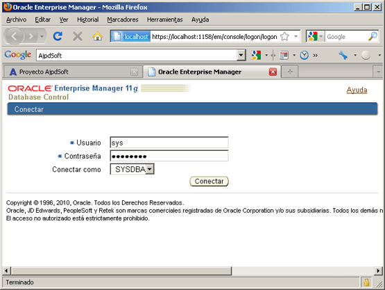 Administración de Oracle 11g, procesos, servicios, accesos directos que instala en Windows Server 2003