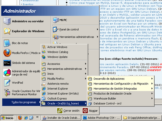 Administración de Oracle 11g, procesos, servicios, accesos directos que instala en Windows Server 2003