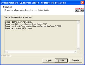 Instalar Oracle Database 10g Express Edition - Resumen de las opciones de instalación