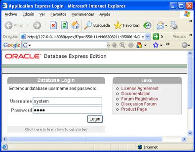 Instalar Oracle Database 10g Express Edition - Acceso a la administración de Oracle XE