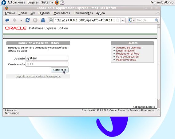 Instalar Oracle Dabase XE en GNU Linux Fedora 10 - Usuario y contraseña para inicio sesión en APEX