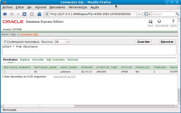 Instalar Oracle Dabase XE en GNU Linux Fedora 10 - Ejecución comandos SQL