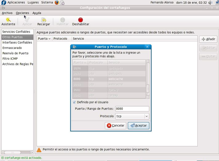 Instalar Oracle Dabase XE en GNU Linux Fedora 10 - Apertura puertos - 8080
