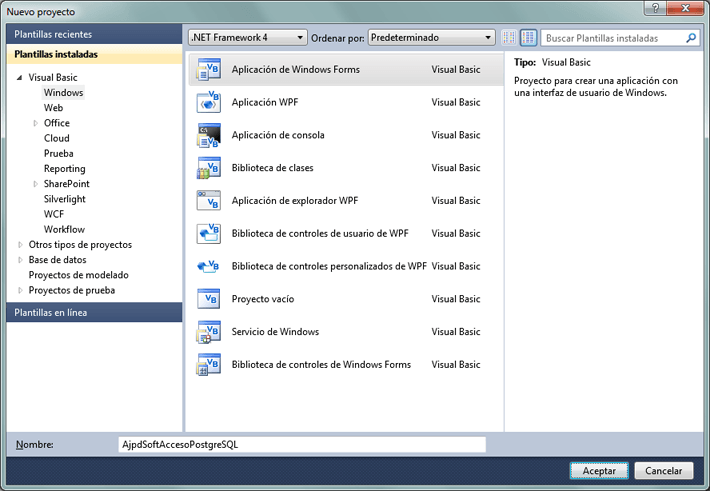 Desarrollar aplicación con Visual Basic .Net de Visual Studio 2010 con acceso a PostgreSQL usando el asistente para agregar nuevo origen de datos