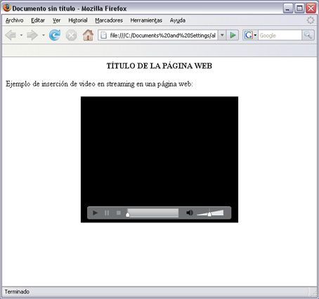 Vista previa en el navegador de Internet del fichero creado con Dreamweaver