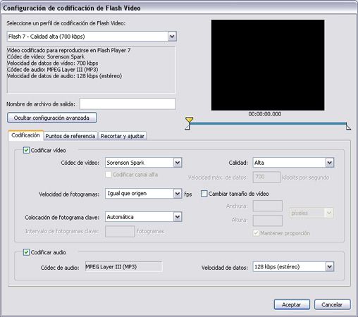 Ventana de configuración de codificación de Flash Video - Flash 8 Video Encoder