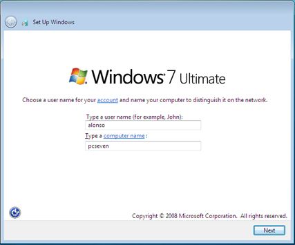 Instalar Microsoft Windows 7 Ultimate Beta 1 - Nombre de usuario y nombre de equipo