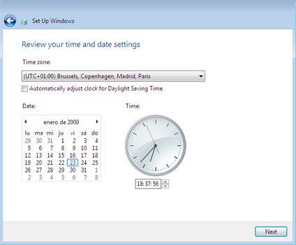 Instalar Microsoft Windows 7 Ultimate Beta 1 - Zona horaria, fecha, hora
