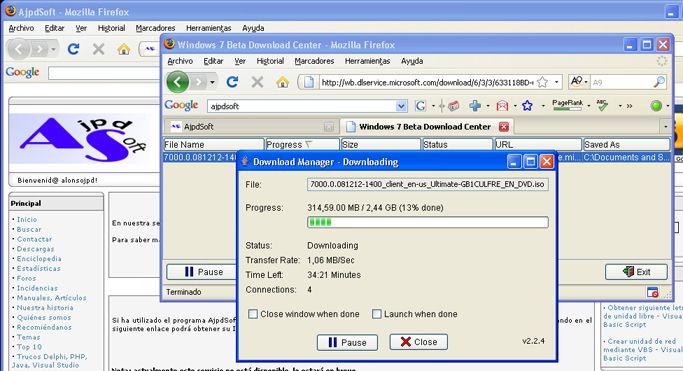 Instalar Microsoft Windows 7 Ultimate Beta 1 - Progreso de la descarga del fichero ISO