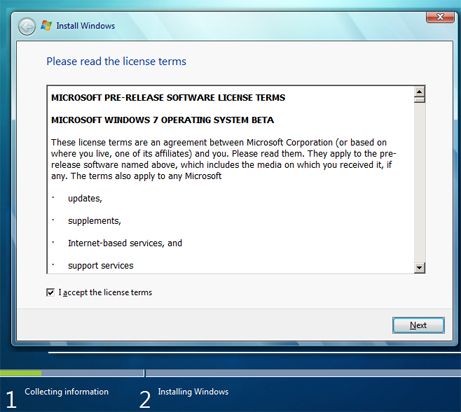 Instalar Microsoft Windows 7 Ultimate Beta 1 - Acuerdo de licencia