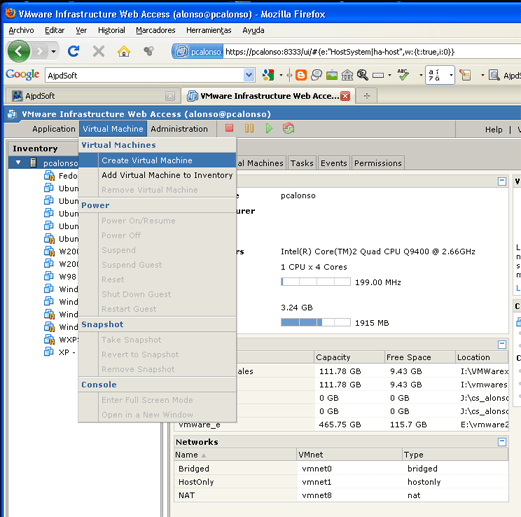 AjpdSoft Instalación de Microsoft Windows 7 Ultimate virtualizado en VMware Server 2.0.1 - Preparación de la máquina virtual en VMware Server