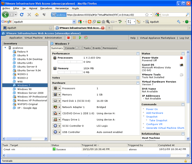 AjpdSoft Instalación de Microsoft Windows 7 Ultimate virtualizado en VMware Server 2.0.1 - Preparación de la máquina virtual en VMware Server