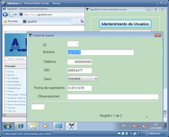 AjpdSoft Instalación de Microsoft Windows 7 Ultimate virtualizado en VMware Server 2.0.1 - Programas AjpdSoft realizados con Borland Delphi 6 en funcionamiento en Windows 7