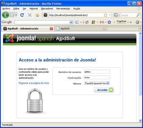 Instalación de Joomla! - Login para acceder a la administración de Joomla!
