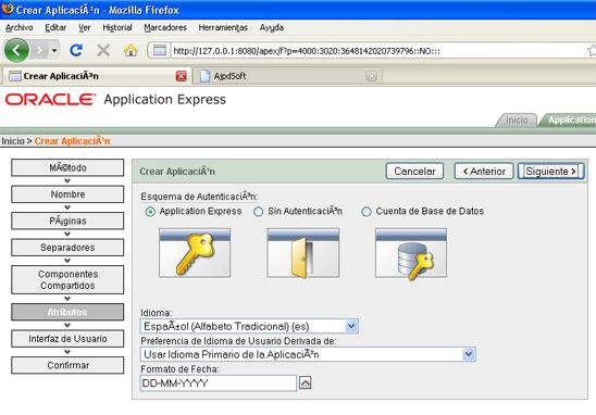Crear aplicación con Oracle Application Express - Selección de método de autenticación