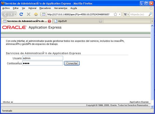Instalación de APEX 3.2 en Oracle XE - Ventana de inicio de sesión para administración de APEX