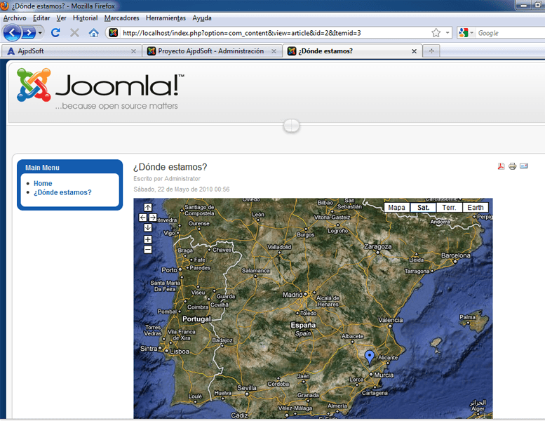 Montar un servidor web y un sitio web en un equipo con Windows 7 con AppServ y Joomla - Añadir sección en nuestro sitio web Joomla Dónde estamos con el servicio Google Maps!