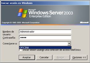 Proceso de arranque en Windows Server 2003 - Petición de usuario, contraseña y dominio