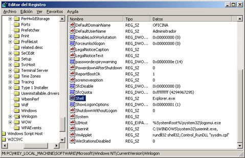 Proceso de arranque en Windows Server 2003 - La clave SHELL de Winlogon