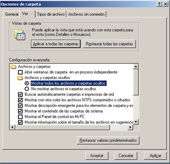 Proceso de arranque en Windows Server 2003 - Opciones de carpeta - Mostrar todos los archivos y carpetas ocultos