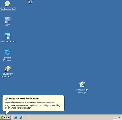 Proceso de arranque en Windows Server 2003 - El escritorio de Windows Server 2003 para el usuario que ha iniciado sesión
