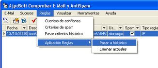 Software Libre AjpdSoft Comprobar E-Mail y AntiSpam - Pasar aplicación reglas a historico