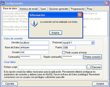 Software Libre AjpdSoft Comprobar E-Mail y AntiSpam - Configuración conexión a la BD