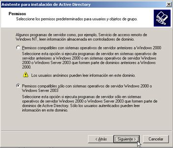 Windows Server 2003 a controlador de dominio - Compatibilidad de permisos