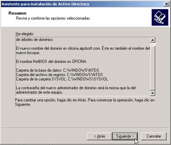 Windows Server 2003 a controlador de dominio - Resumen de las opciones seleccionadas
