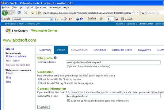 Live Search Webmaster Center - Profile