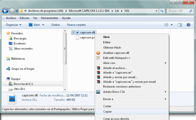 Registro de la librería capicom.dll en Windows 7