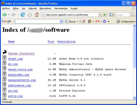 Vista de zona de página web en modo exploración de archivos y directorios