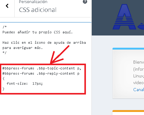 Modificar estilo CSS en WordPress sin usar plugins ampliar tamaño de letra del foro bbPress