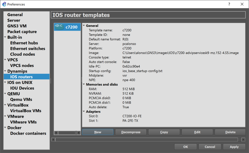 Instalar router de la serie C7200 de Cisco en GNS3 con versión de IOS 15.2
