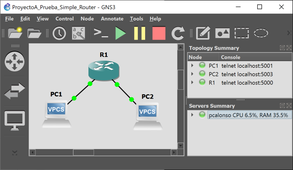 Primer proyecto GNS3 con un router Cisco C7200 y dos VPCS conectados en subinterfaces (VLAN)