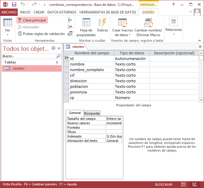 Origen de datos en tabla de Microsoft Office Access