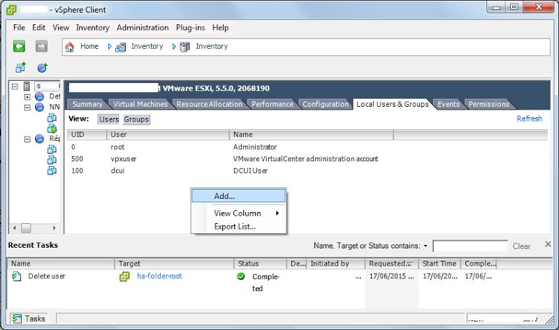 Crear usuario con permisos de lectura en VMware ESXi mediante VMware vSphere Client