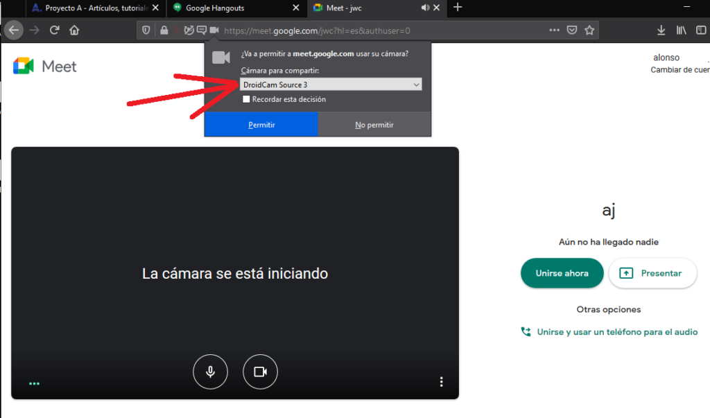 Configurar videoconferencia en Google Hangouts con DroidCam vía navegador (Firefox)