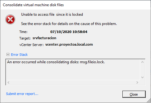 Síntomas, causa del error "An error occurred while consolidating disks msg.fileio.lock"