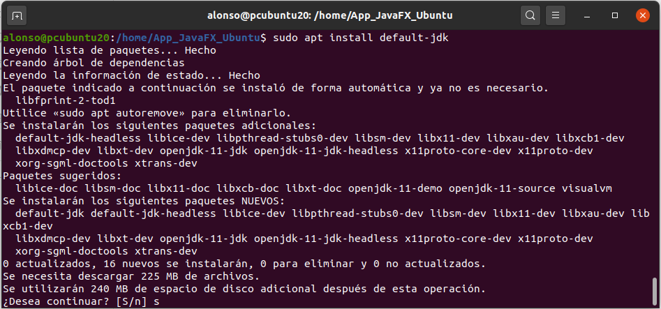 Probando aplicación JavaFX con entorno gráfico en equipo Linux Ubuntu 20