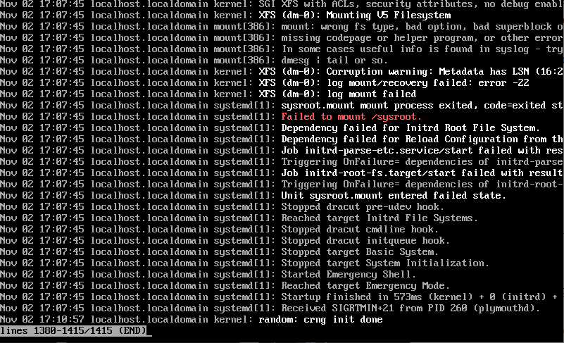 Reparar arranque Linux CentOS con error en sistema de ficheros XFS